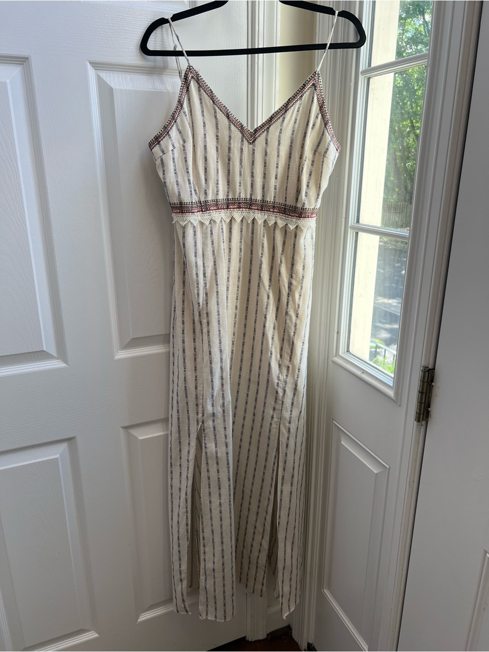 Moon River Boho Embroidered Striped Maxi Dress Cream Size L